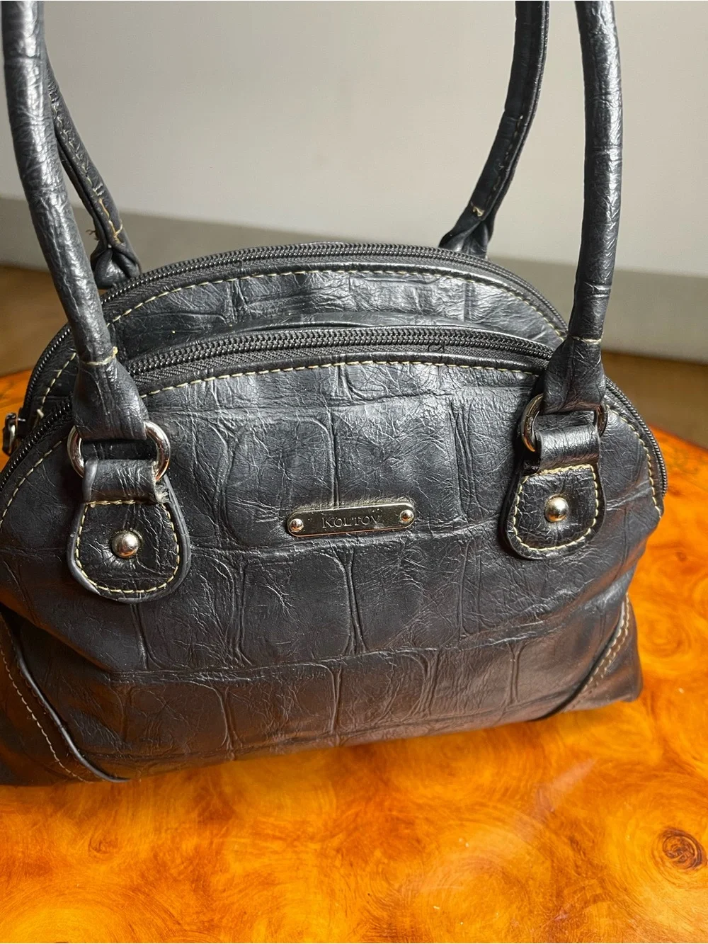 Croc-Embossed Dome Satchel in Black by No Brand